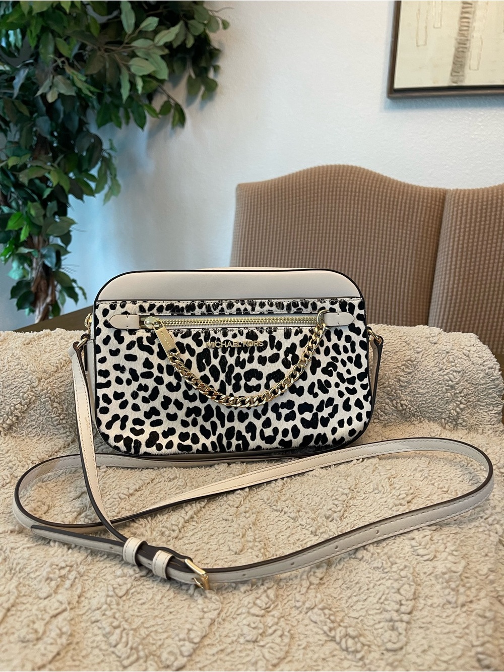 Michael Kors Black & White Leopard-Print Crossbody with Gold Chain